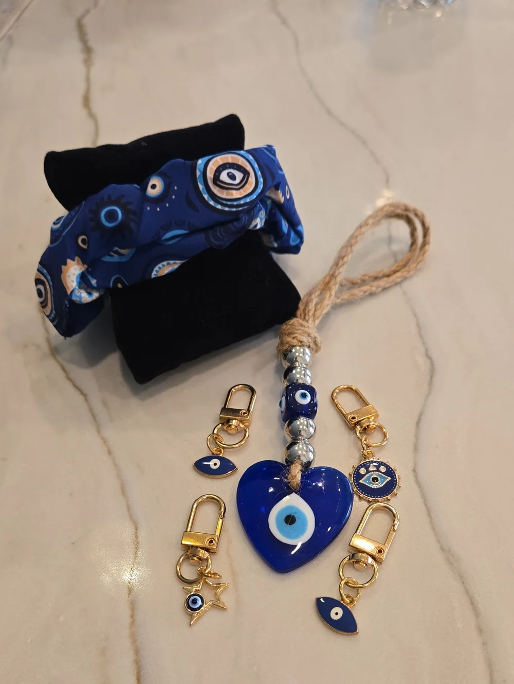 6 Pc Set Handmade Blue Glass Eye Heart Charm Keychains & Matching Hair Scrunchie